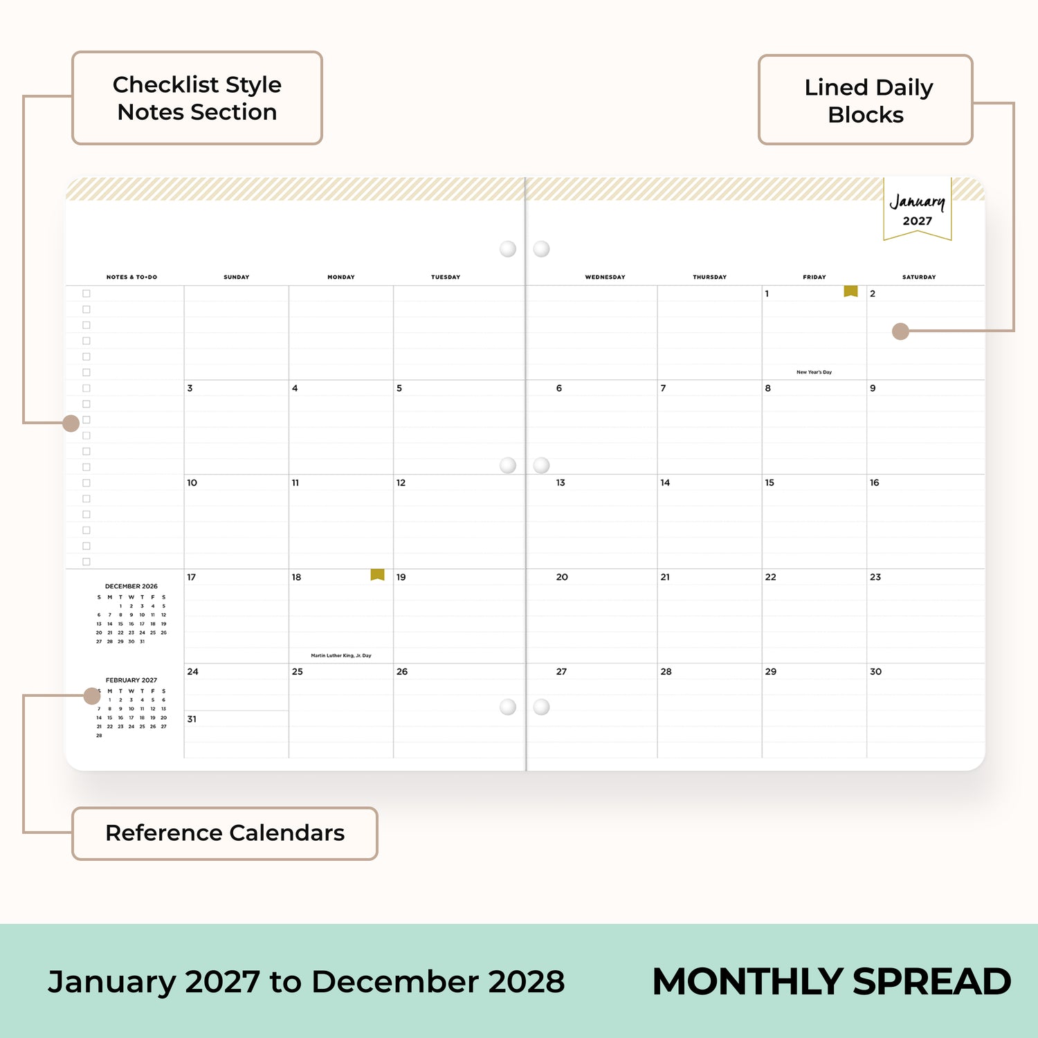 2027 monthly spread featuring ample lined writing space for each date, notes section, reference calendars, and monthly tabs