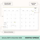 2027 monthly spread featuring ample lined writing space for each date, notes section, reference calendars, and monthly tabs