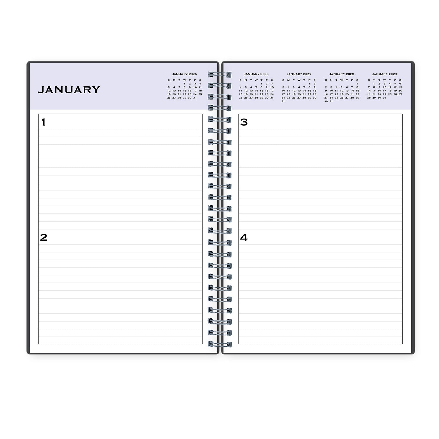Open spiral-bound planner showing January calendar and daily layout on a white background