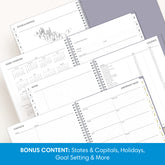 planner includes yearly overview, contacts, important dates, and holidays list