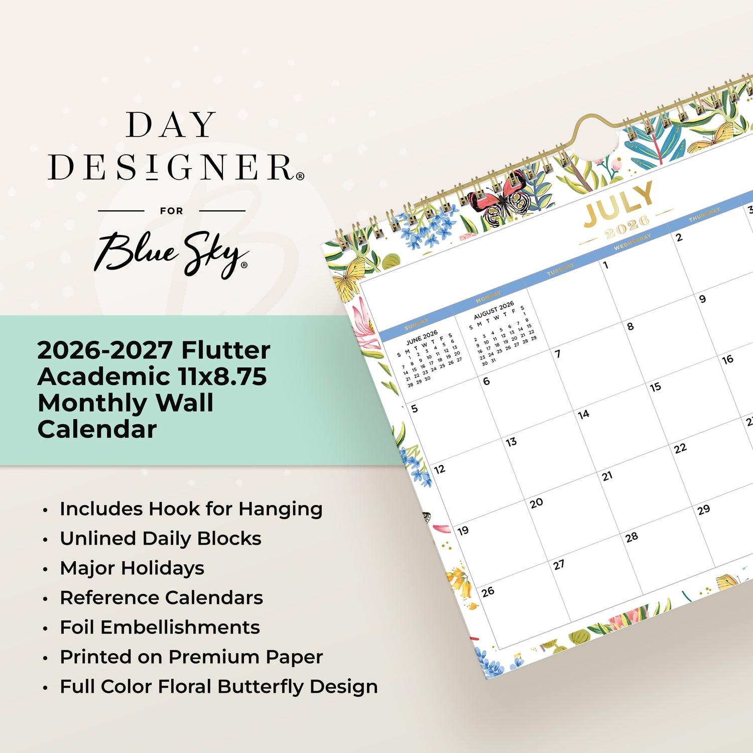 Day Designer for Blue Sky 2026-2027 Flutter Academic wall calendar with floral butterfly design on a light background.