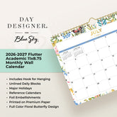 Day Designer for Blue Sky 2026-2027 Flutter Academic wall calendar with floral butterfly design on a light background.
