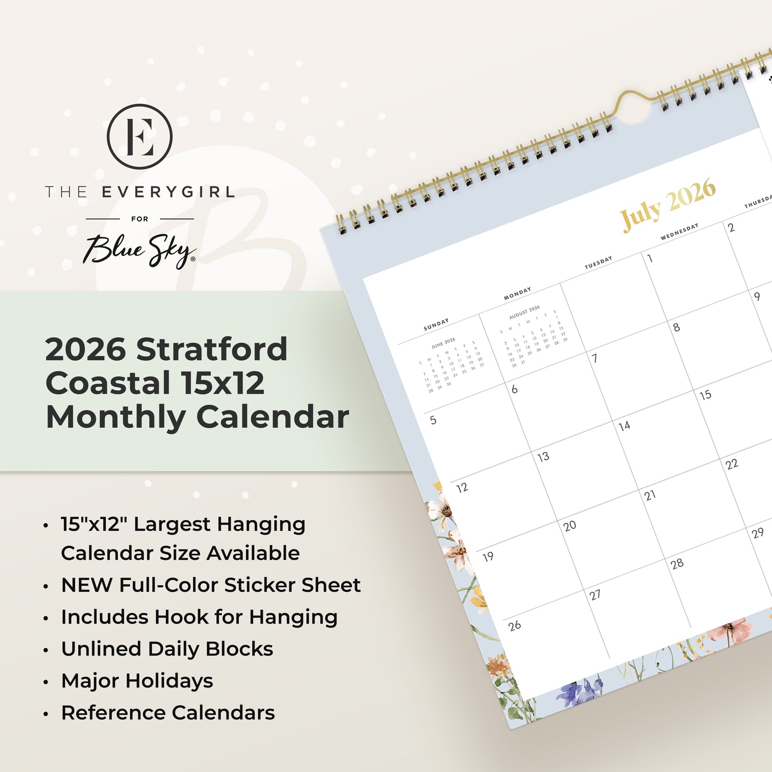 Calendar for July 2026-June 2027 with floral design and motivational stickers on a white background, ample blank writing space and reference calendars