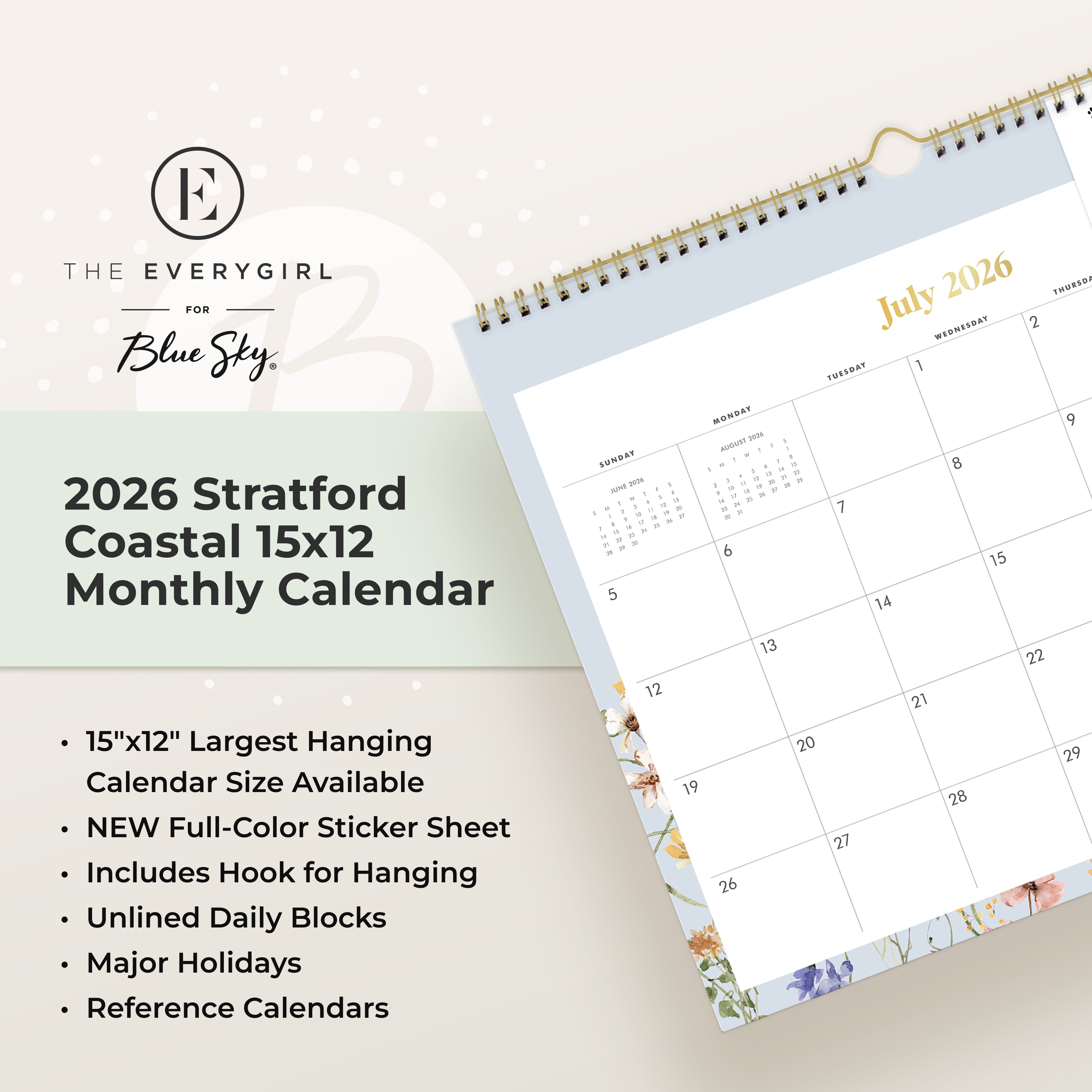 Calendar for July 2026-June 2027 with floral design and motivational stickers on a white background, ample blank writing space and reference calendars