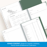 Spiral-bound planner with various pages including a yearly overview, holidays list, and reference calendars.