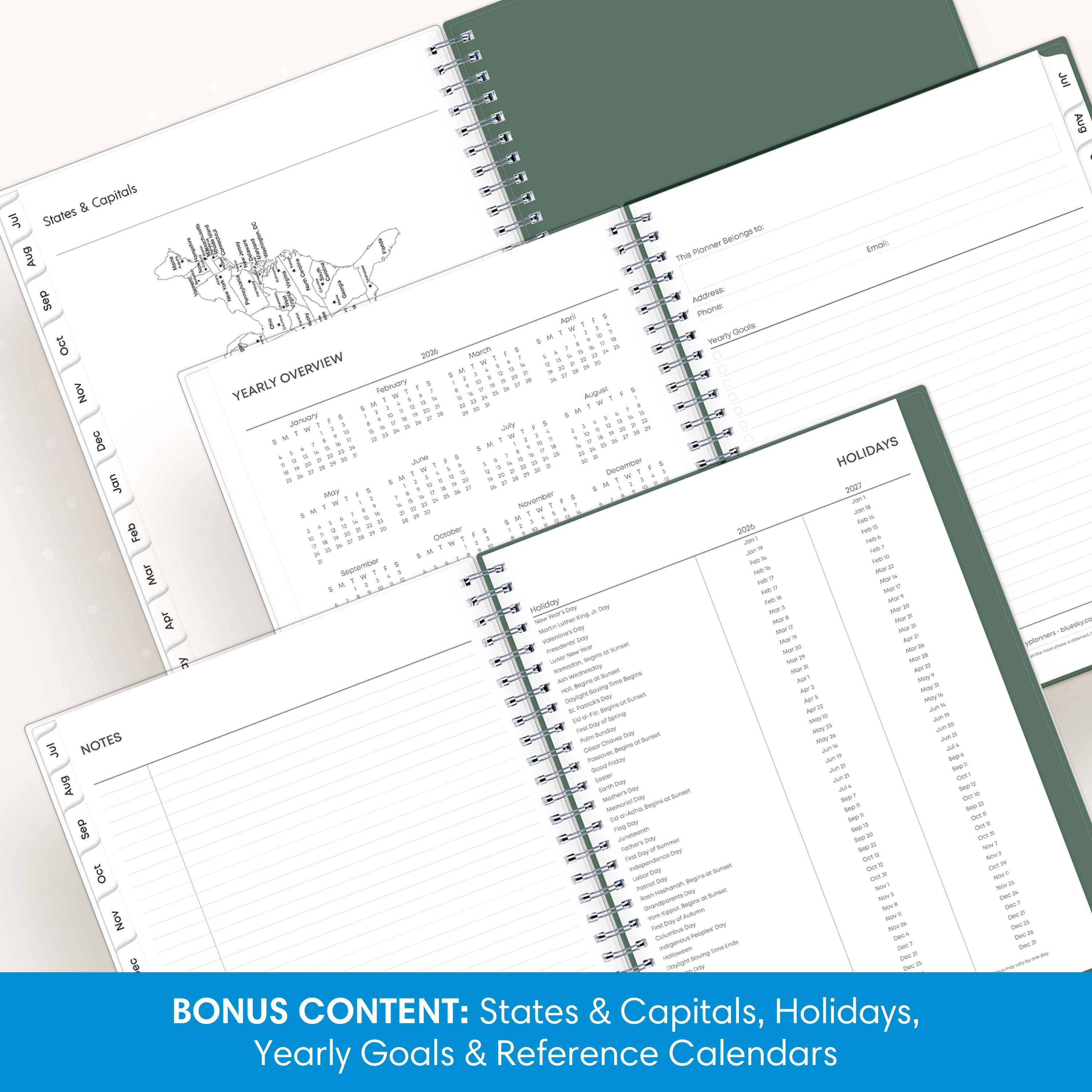 Spiral-bound planner with various pages including a yearly overview, holidays list, and reference calendars.