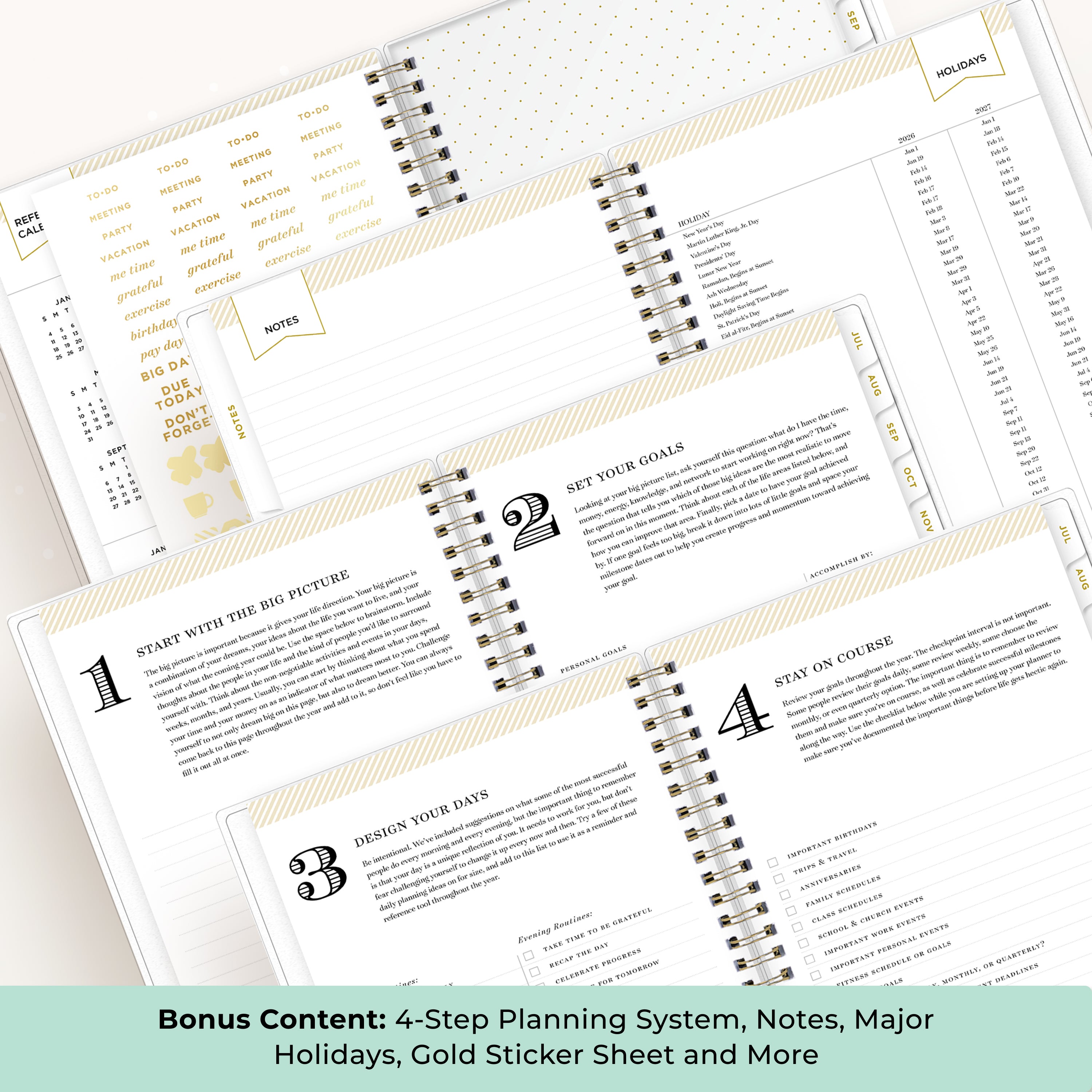 floral pattern featuring a list of features like pages, yearly goals, contacts, etc.