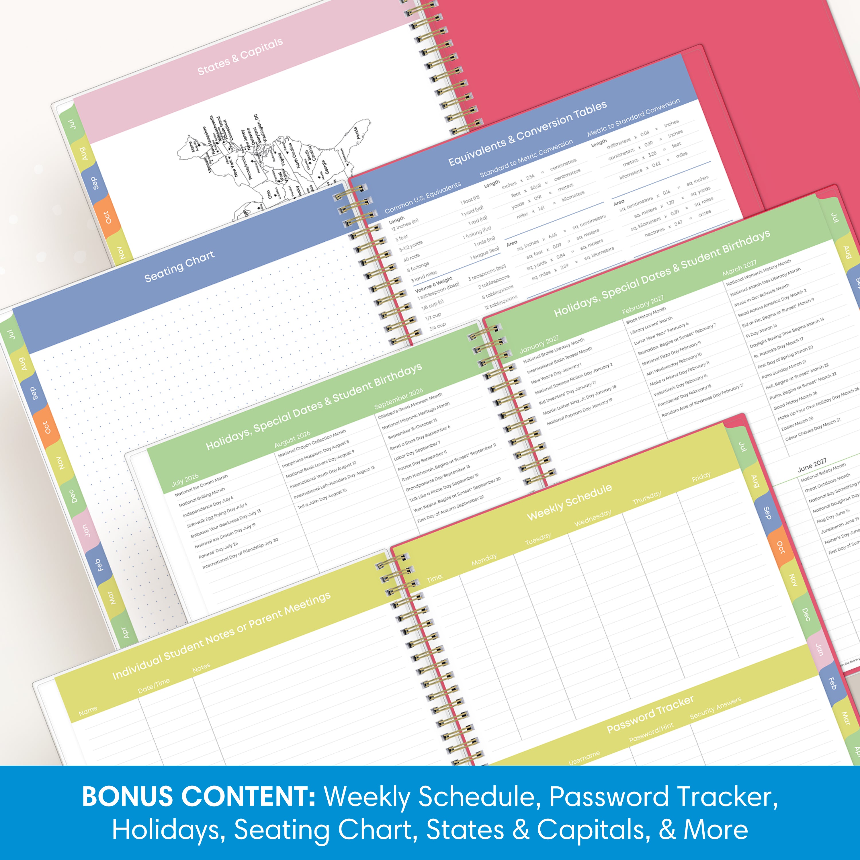 Teacher planner features including attendance tracking, grade recording, and classroom management tools