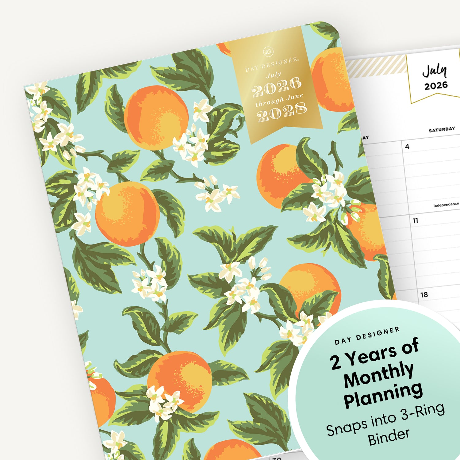 Planner with orange and floral design on a white background