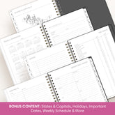 planner featuring bonus content like yearly overview, important dates, holidays, states and capitals