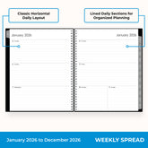 2026 weekly layout featuring lined writing space and organized sections for planning 8.5x11