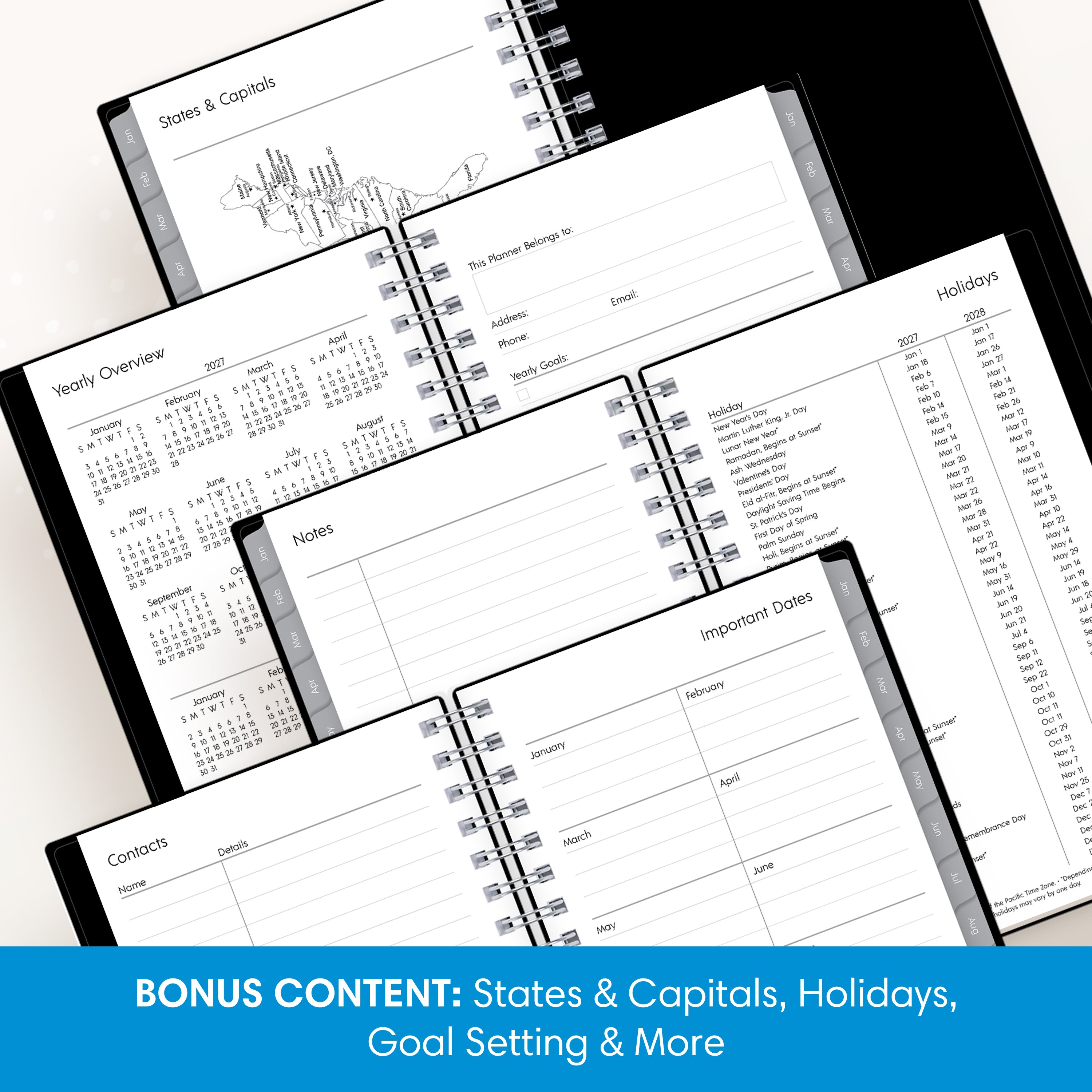 pocket sized planner with 3.625x6.125 page size and front solid black cover with featuring like yearly overview, goals, contacts page, important dates and holidays