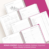 planner featuring bonus content like yearly overview, important dates, holidays, states and capitals