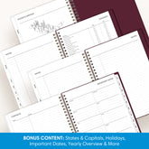 floral pattern featuring a list of features like pages, yearly goals, contacts, etc.