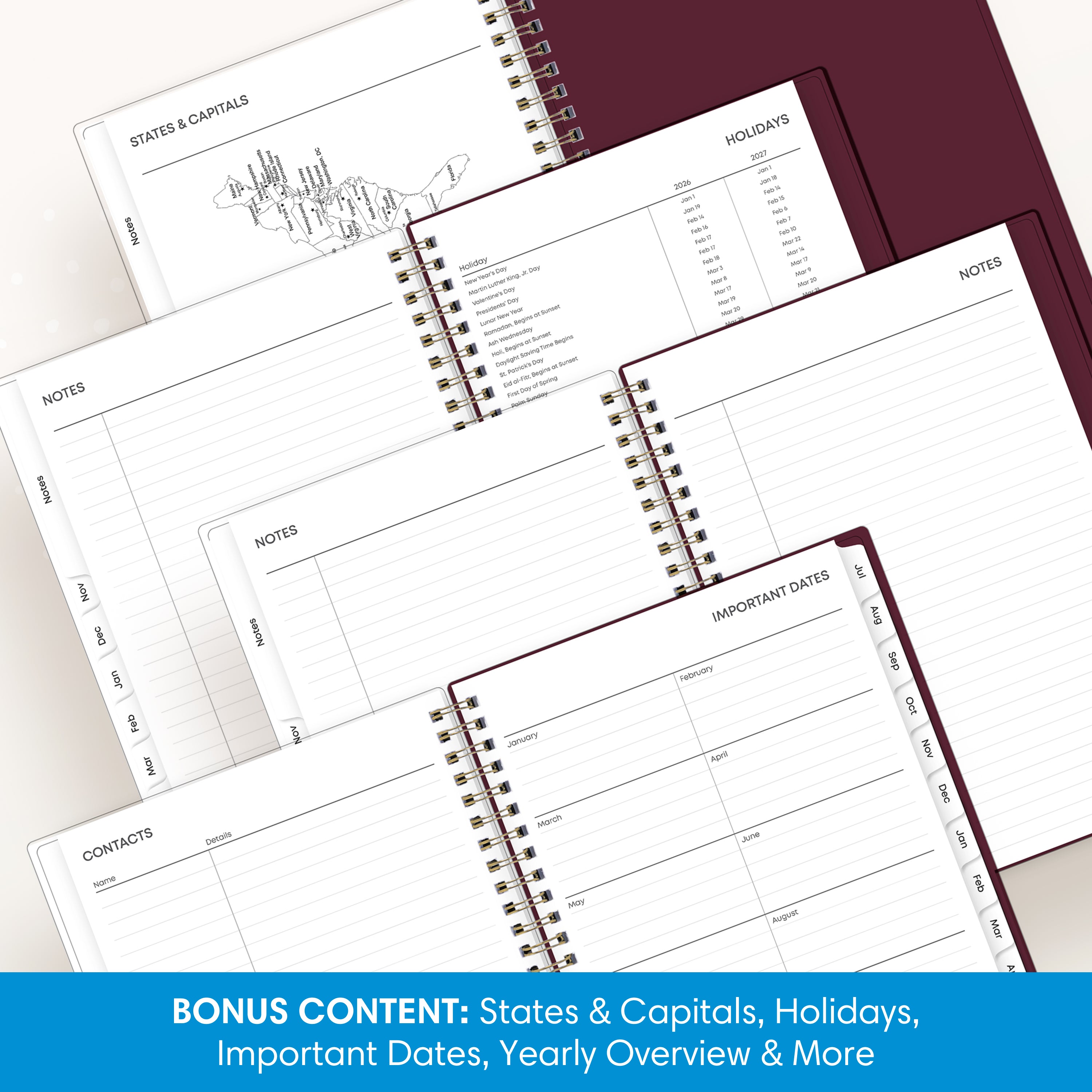 floral pattern featuring a list of features like pages, yearly goals, contacts, etc.