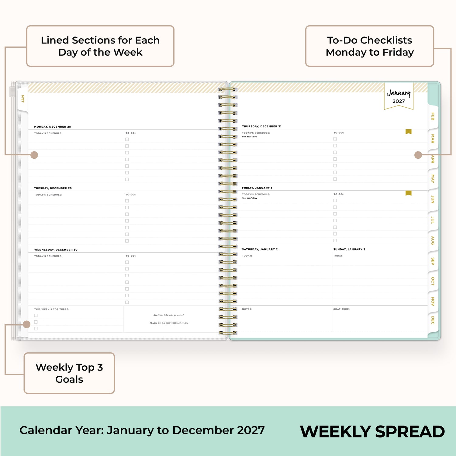 2027 weekly spread features ample lined writing space for to do lists, notes section, reference calendars, bullet points, and monthly tabs