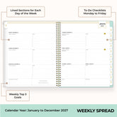 2027 weekly spread features ample lined writing space for to do lists, notes section, reference calendars, bullet points, and monthly tabs