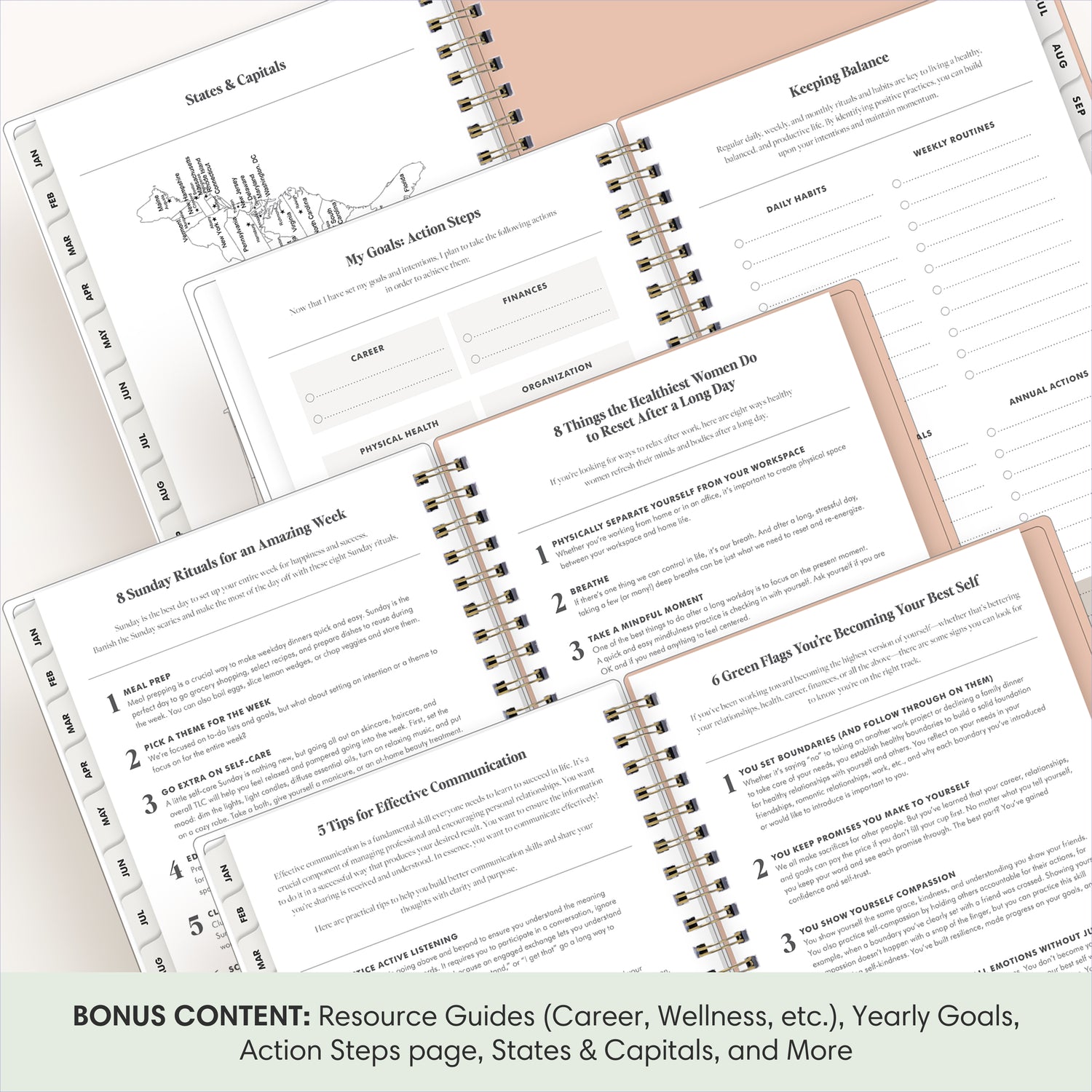 the academic planner has bonus content to ensure you have a strong, organized school year such as wellness page, well being, reminders, etc.
