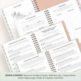 the academic planner has bonus content to ensure you have a strong, organized school year such as wellness page, well being, reminders, etc.
