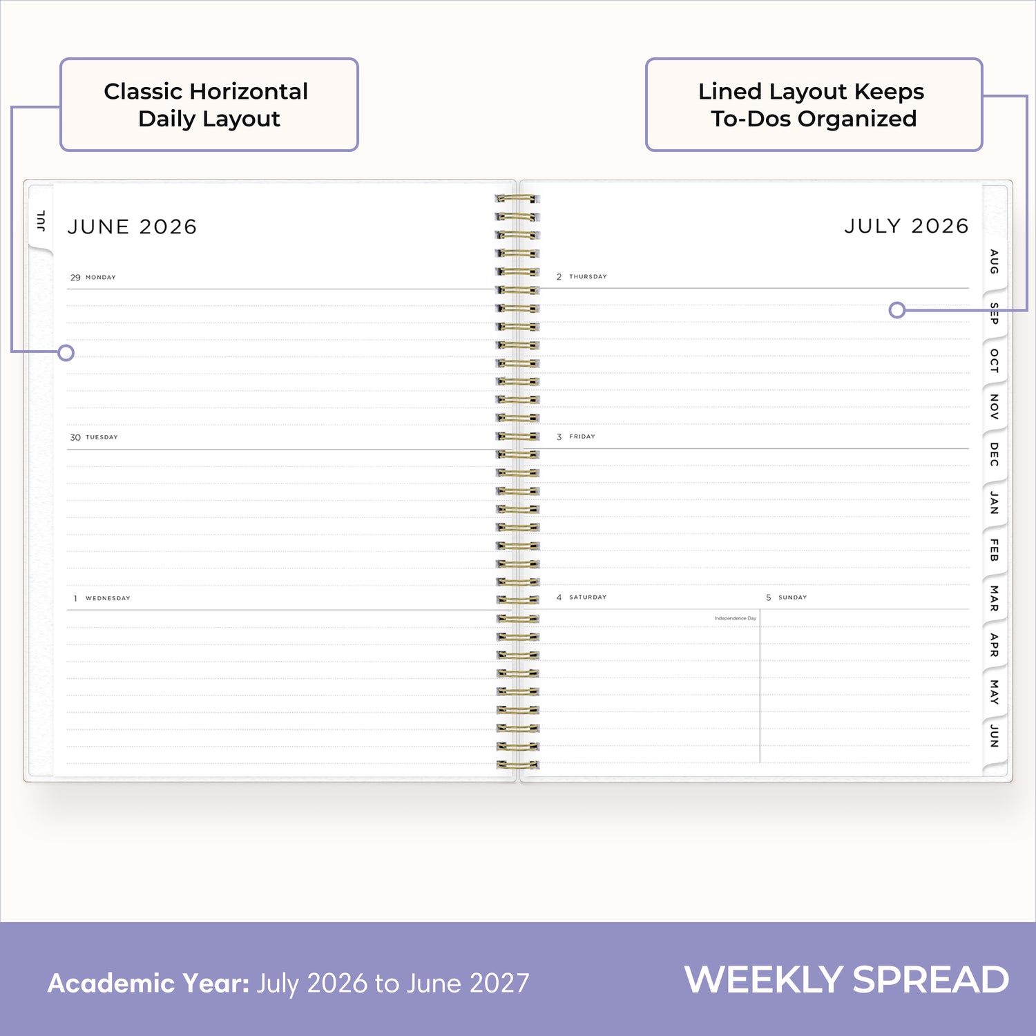 2026-2027 weekly spread featuring ample writing space, bullet points, to do-list.
