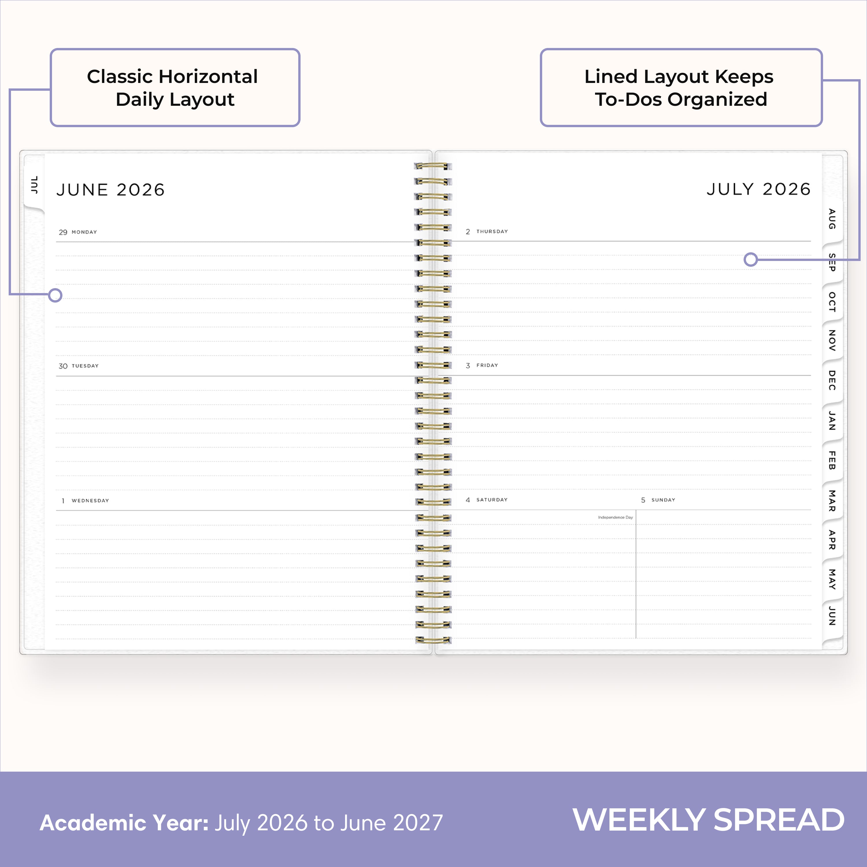 2026-2027 weekly spread featuring ample writing space, bullet points, to do-list.
