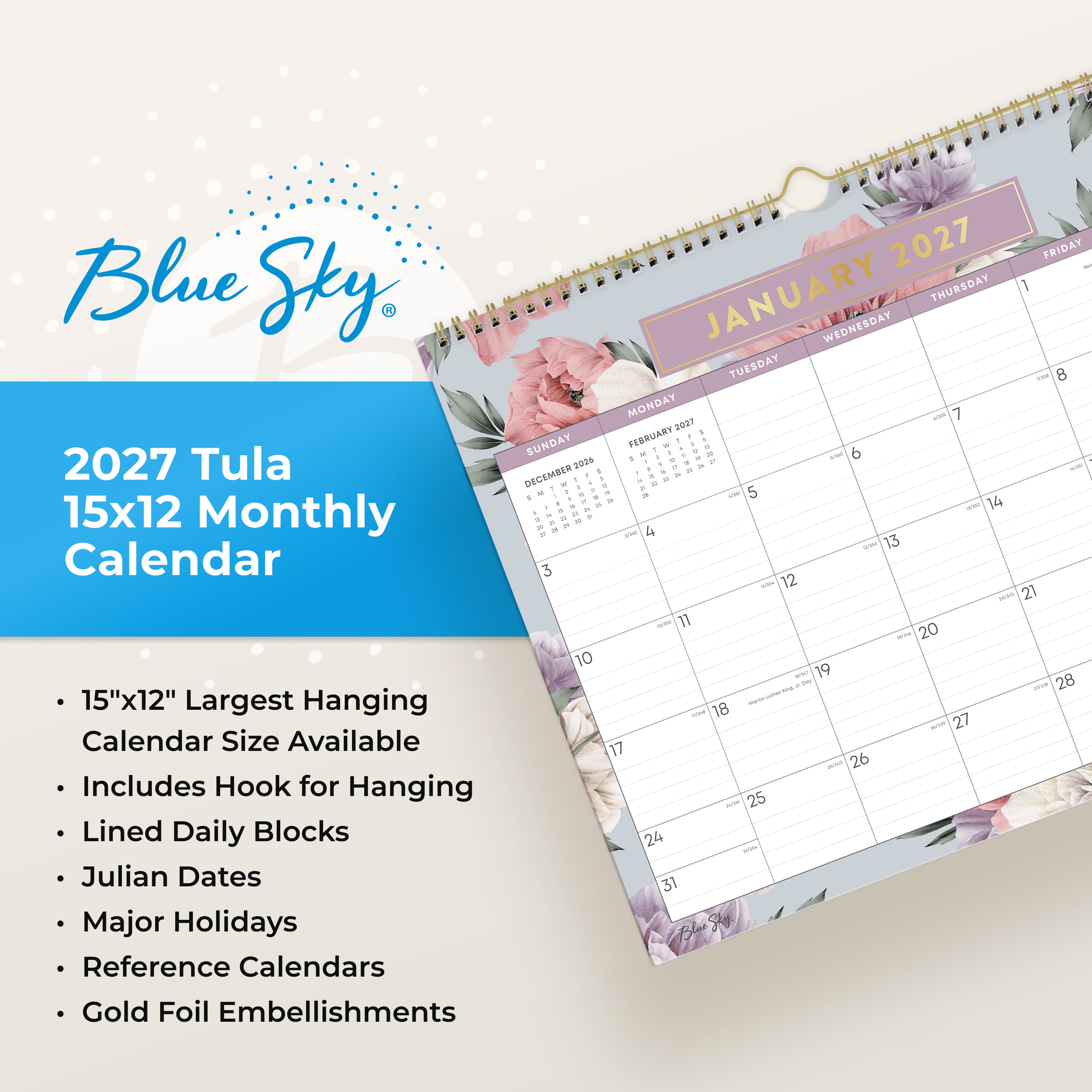 floral pattern bordering this 15x12 bl8ue sky 2027 planner with lined writing space for each day and reference calendars