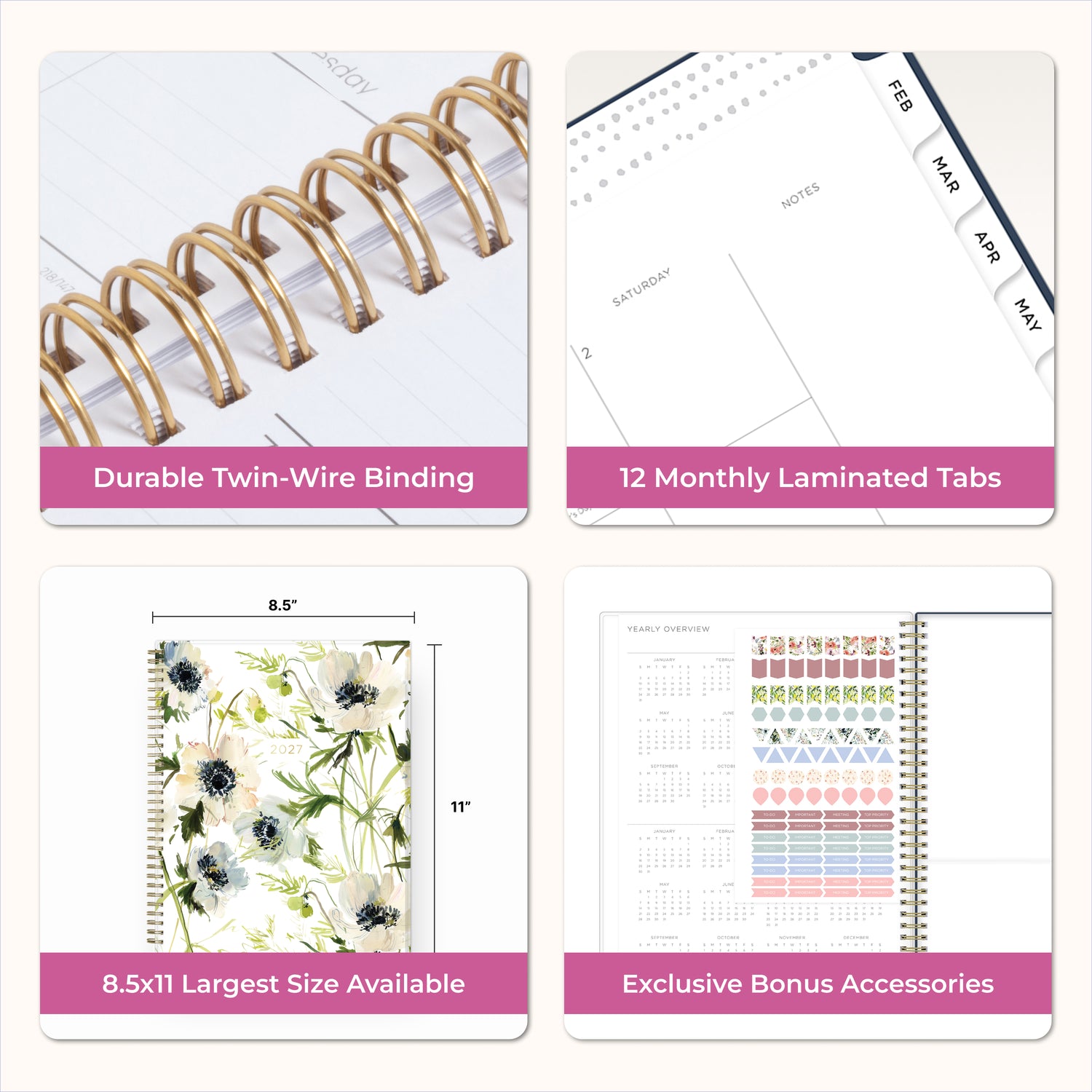 planner features twin wire o binding, monthly tabs, and optimizing planning size