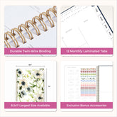 planner features twin wire o binding, monthly tabs, and optimizing planning size