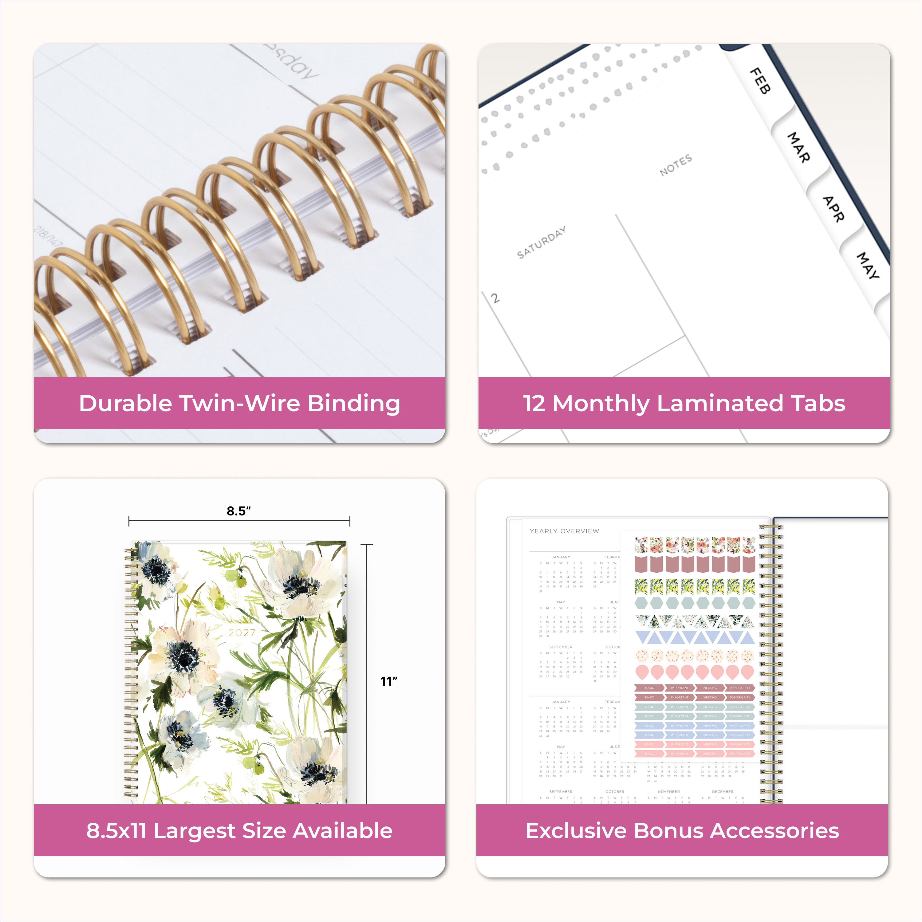 planner features twin wire o binding, monthly tabs, and optimizing planning size