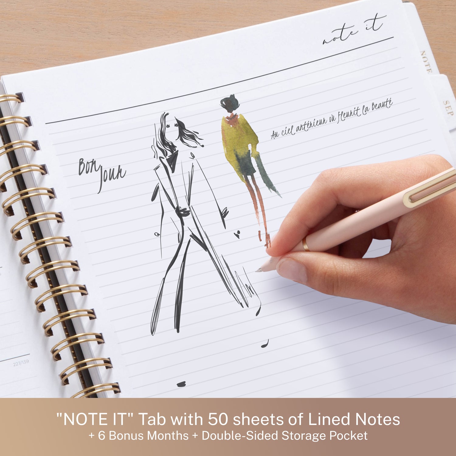 Notebook with fashion illustrations and a hand holding a pen, with text about the planners features. serves as a hybrid notebook planner combo.