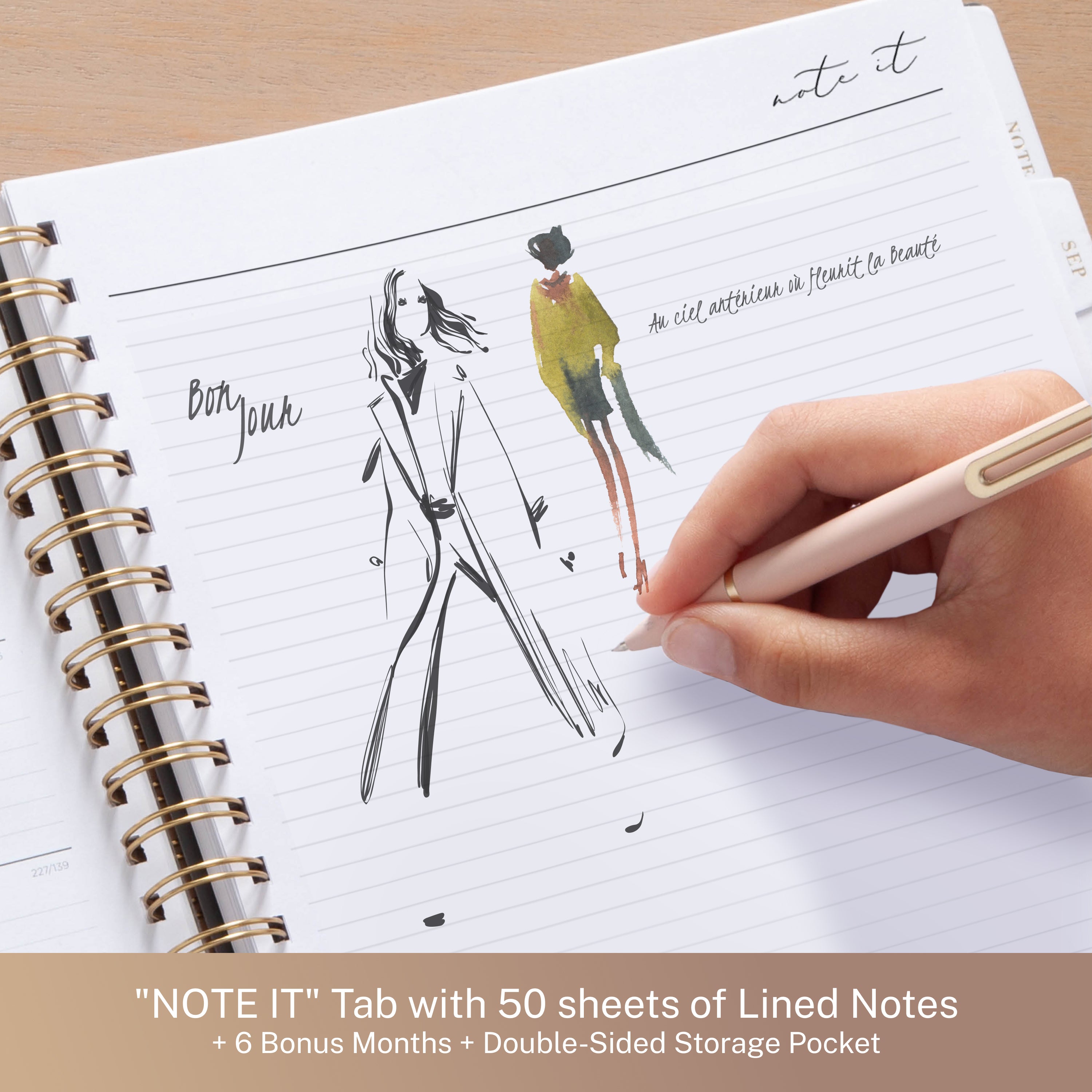 Notebook with fashion illustrations and a hand holding a pen, with text about the planners features. serves as a hybrid notebook planner combo.