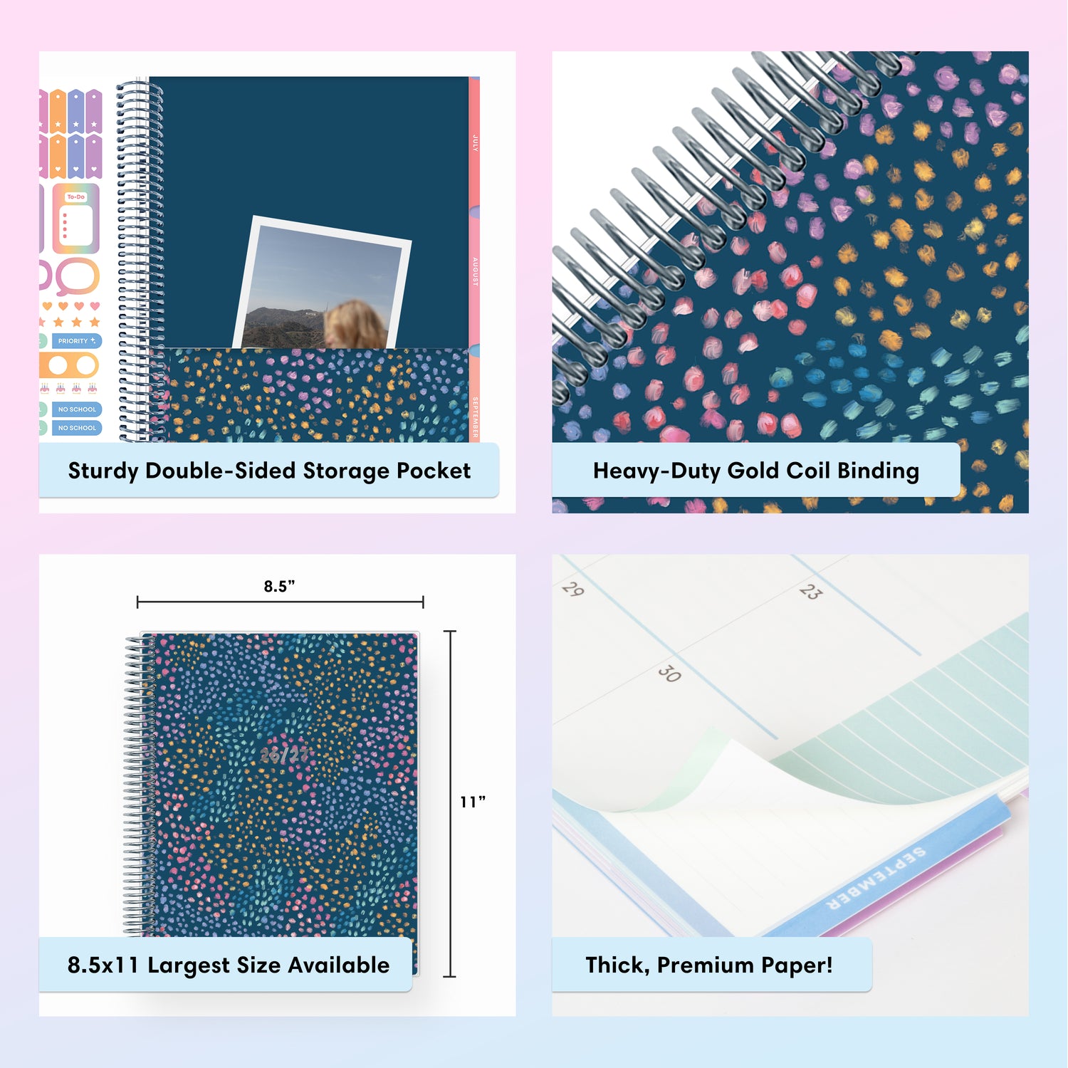 Collage of a planner with features highlighted, including durable twin-wire binding, special resources tab, and premium paper, laminated monthly tabs
