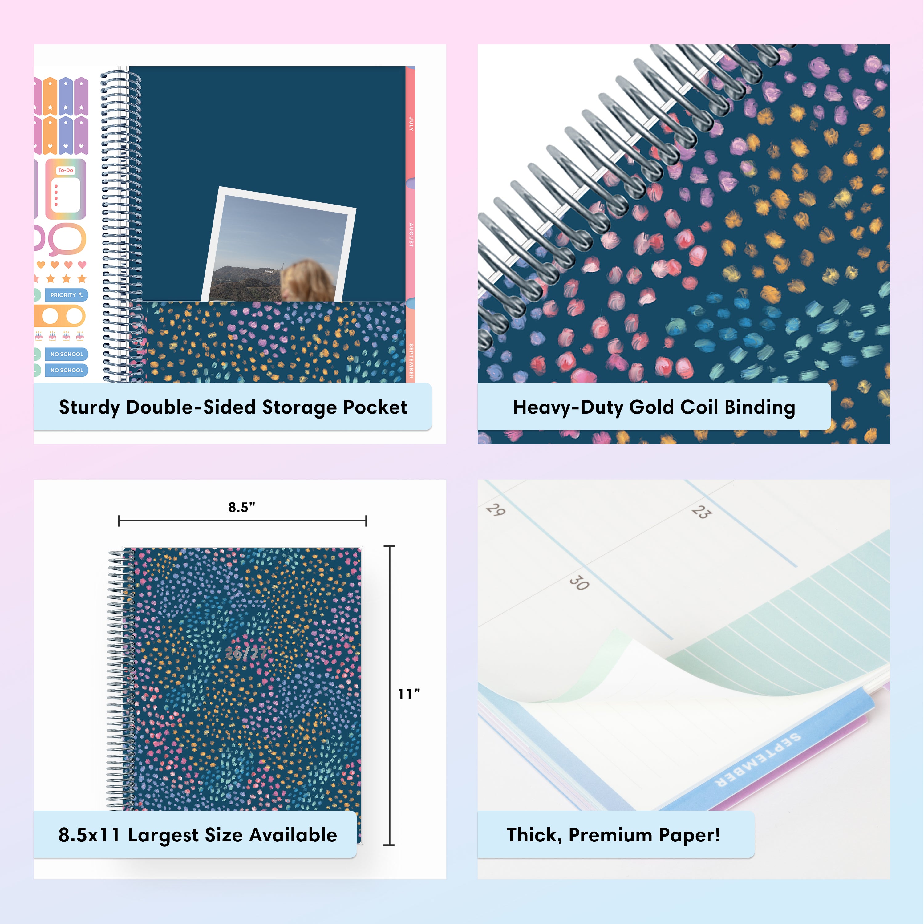Collage of a planner with features highlighted, including durable twin-wire binding, special resources tab, and premium paper, laminated monthly tabs
