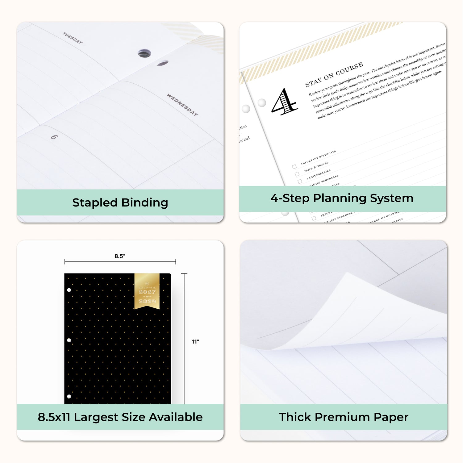 planner features stapled binding, monthly tabs, and optimizing planning size