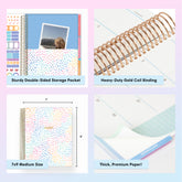 Collage of a planner with features highlighted, including durable premium coil binding, special resources tab, and premium paper, laminated monthly tabs, paper pocket, 