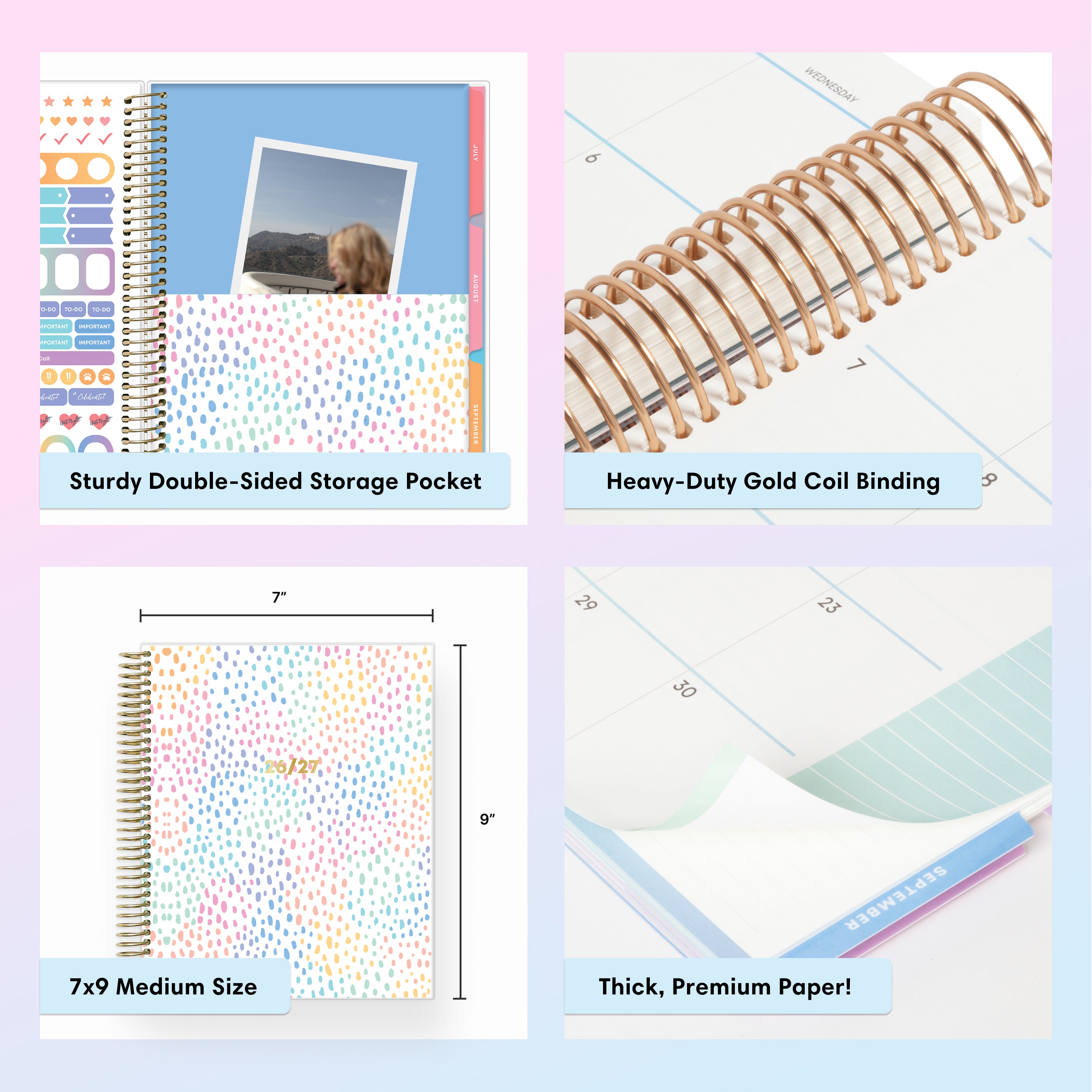 Collage of a planner with features highlighted, including durable premium coil binding, special resources tab, and premium paper, laminated monthly tabs, paper pocket, 