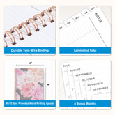 planner features twin wire o binding, monthly tabs, and optimizing planning size