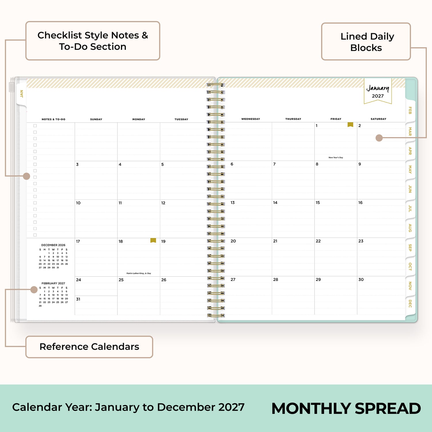 2027 monthly spread featuring ample lined writing space for each date, notes section, reference calendars, and monthly tabs