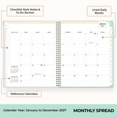 2027 monthly spread featuring ample lined writing space for each date, notes section, reference calendars, and monthly tabs