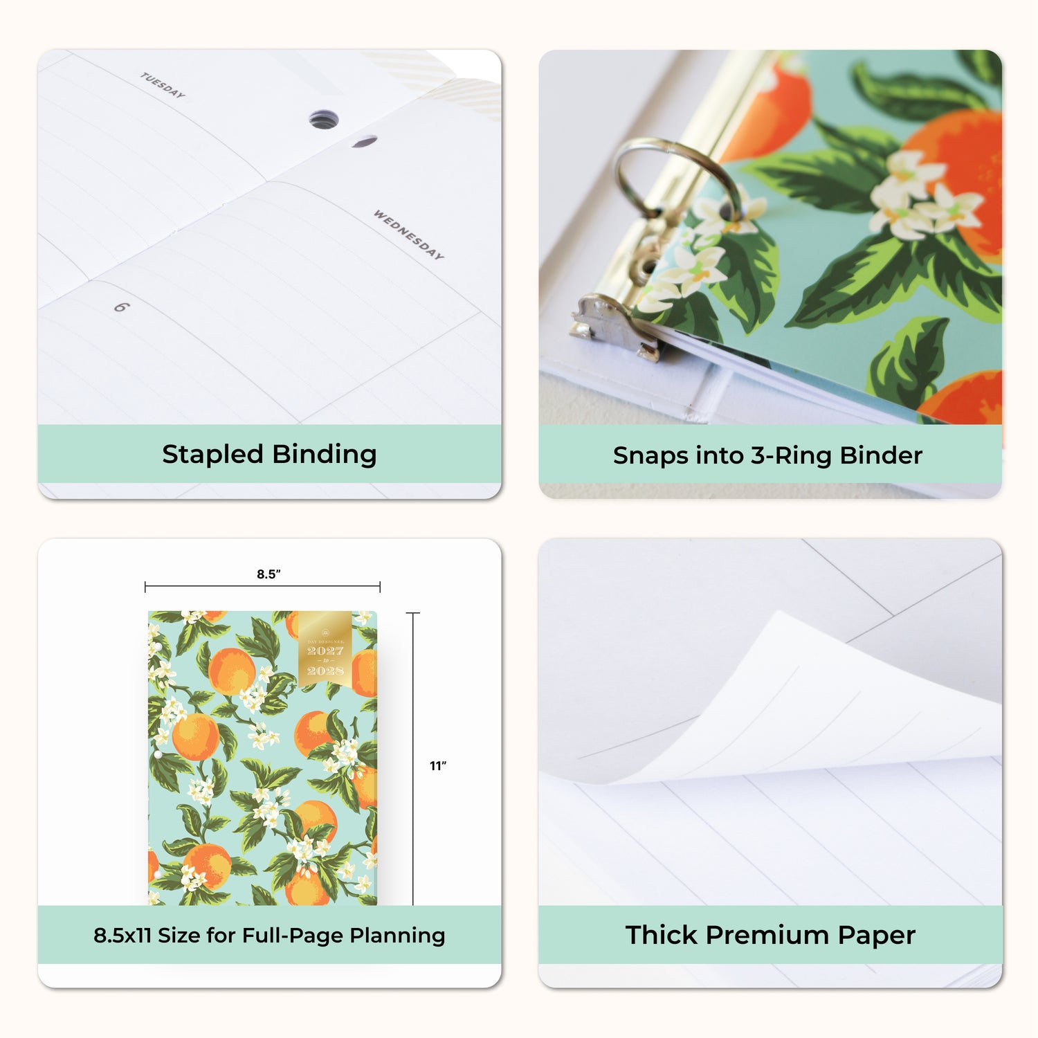 planner features stapled binding, monthly tabs, and optimizing planning size