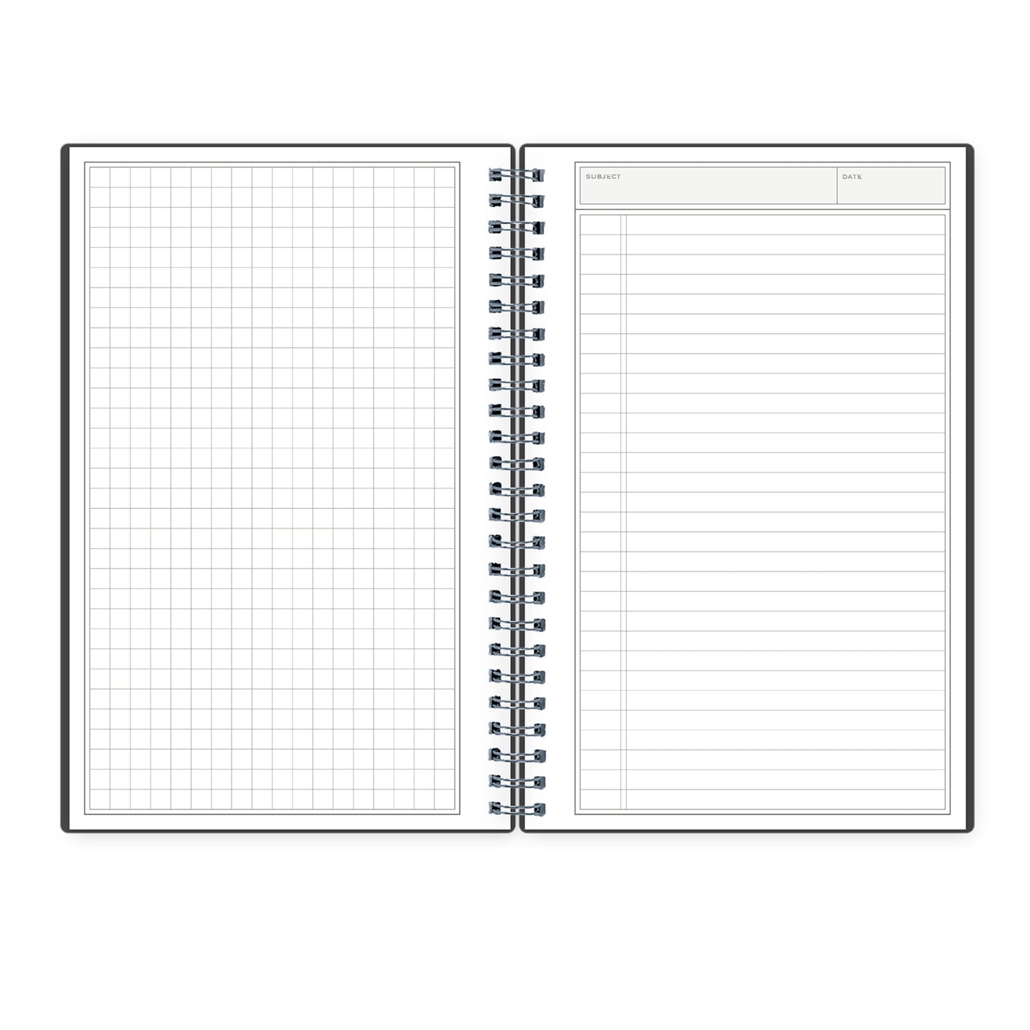 Open spiral-bound non-dated with grid and list pages on a white background
