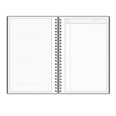 Open spiral-bound non-dated with grid and list pages on a white background