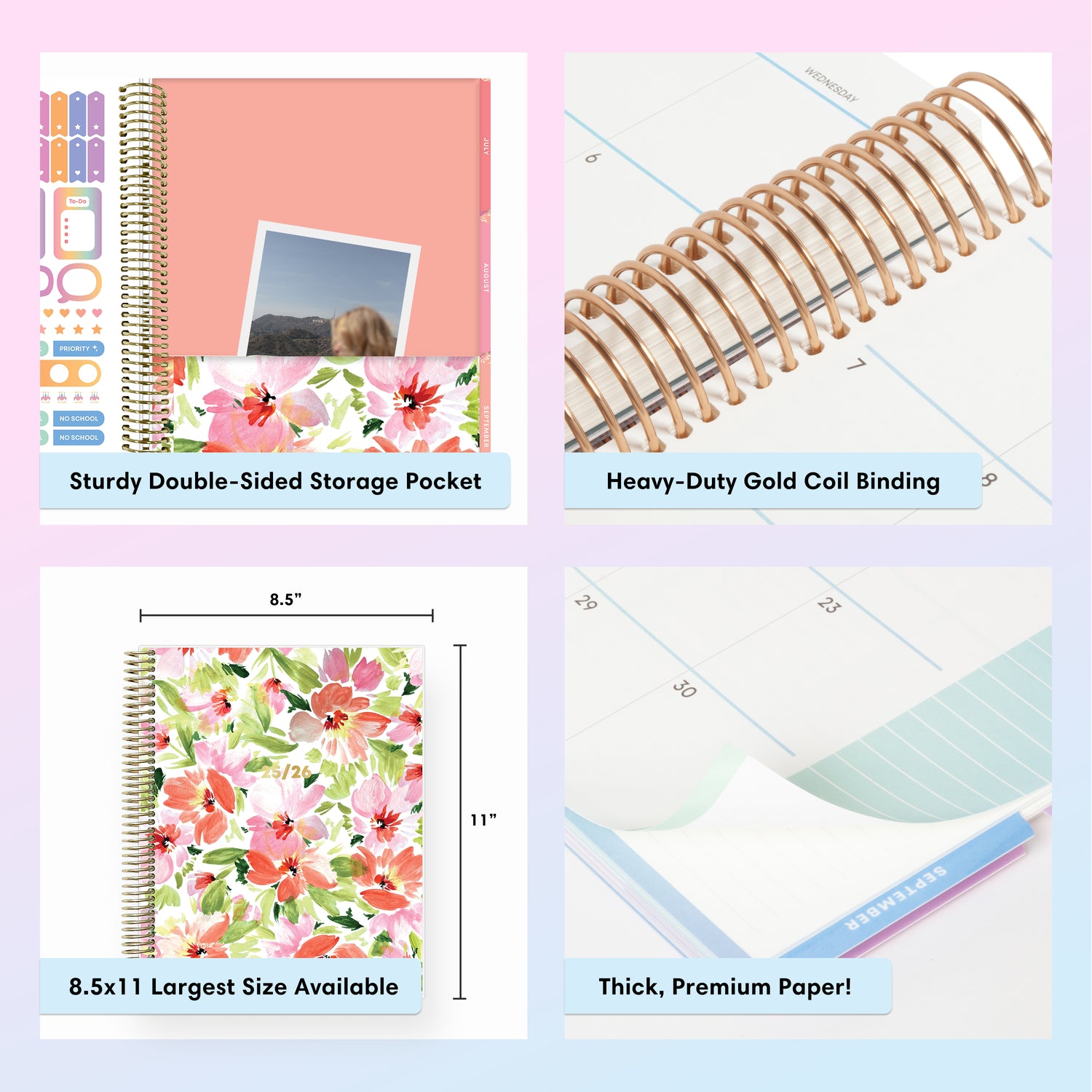 Collage of a planner with features highlighted, including durable twin-wire binding, special resources tab, and premium paper, laminated monthly tabs
