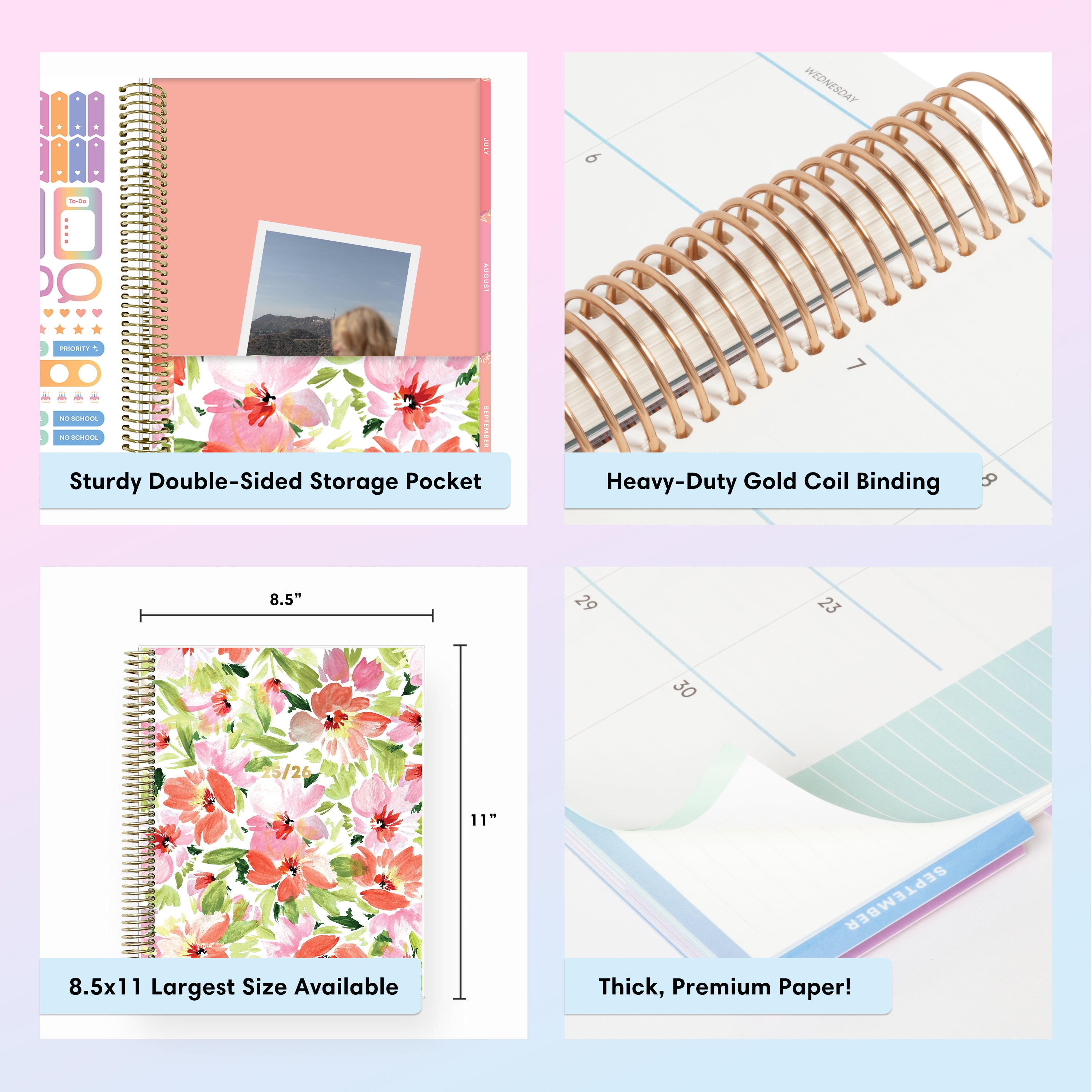 Collage of a planner with features highlighted, including durable twin-wire binding, special resources tab, and premium paper, laminated monthly tabs
