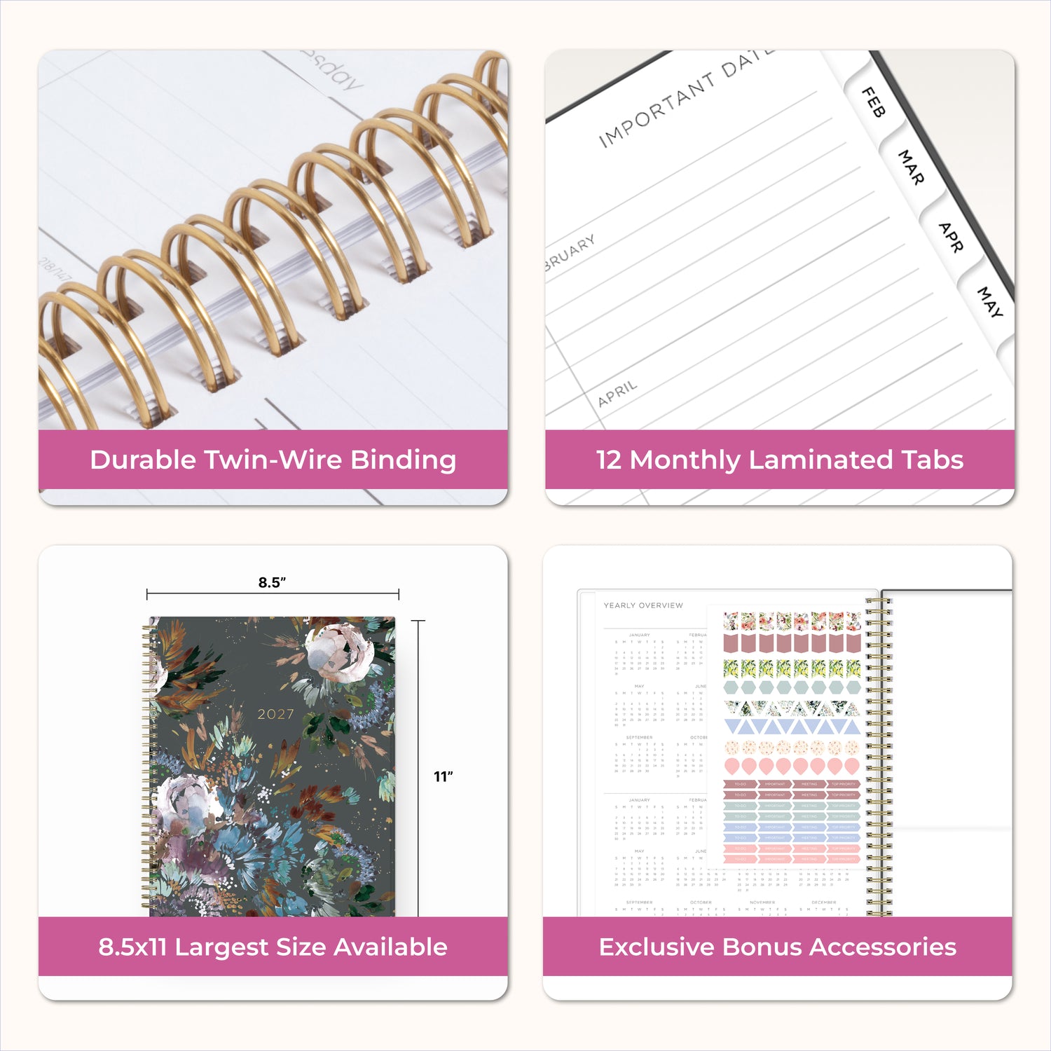 planner features twin wire o binding, monthly tabs, and optimizing planning size