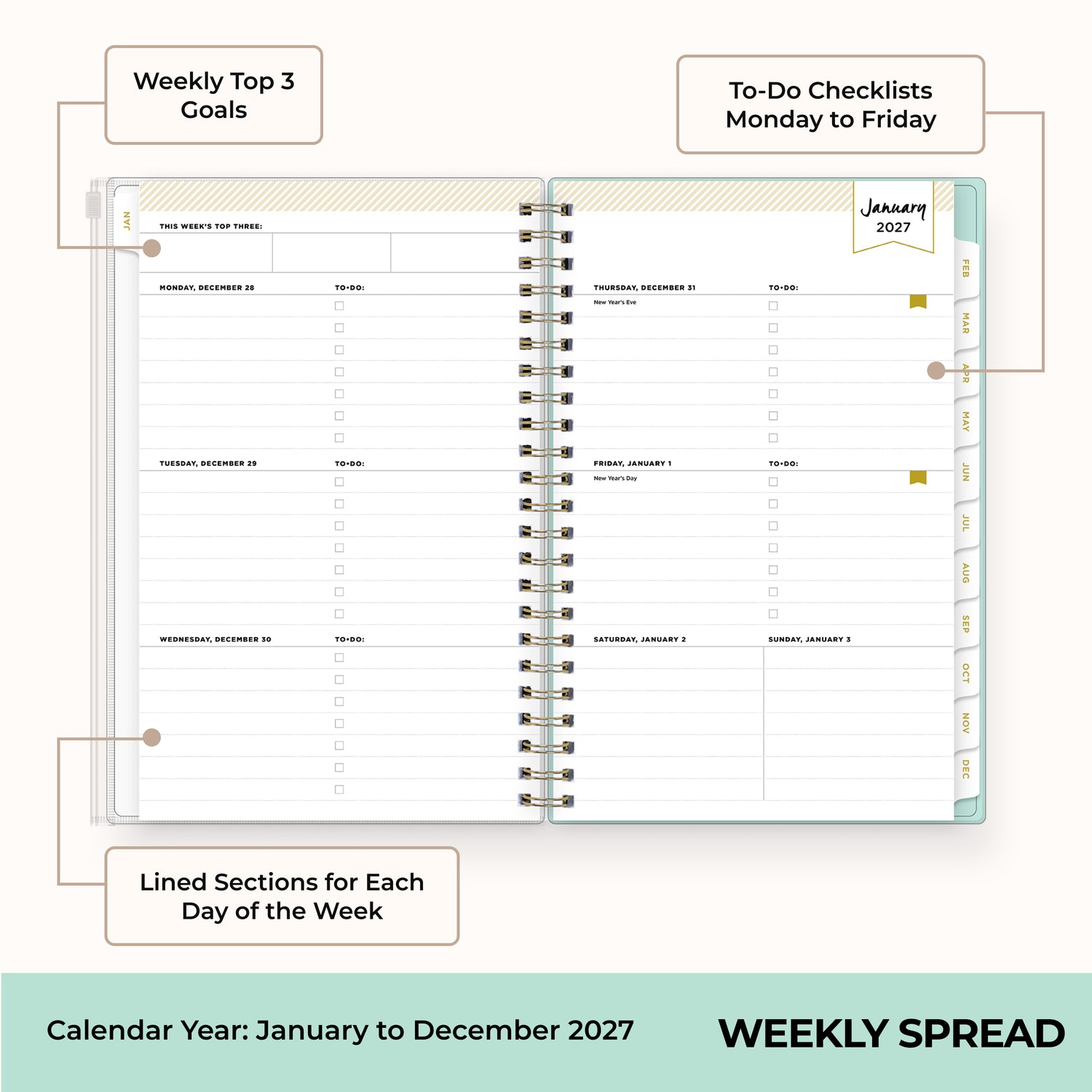 2027 weekly spread features ample lined writing space for to do lists, notes section, reference calendars, bullet points, and monthly tabs