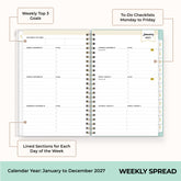 2027 weekly spread features ample lined writing space for to do lists, notes section, reference calendars, bullet points, and monthly tabs