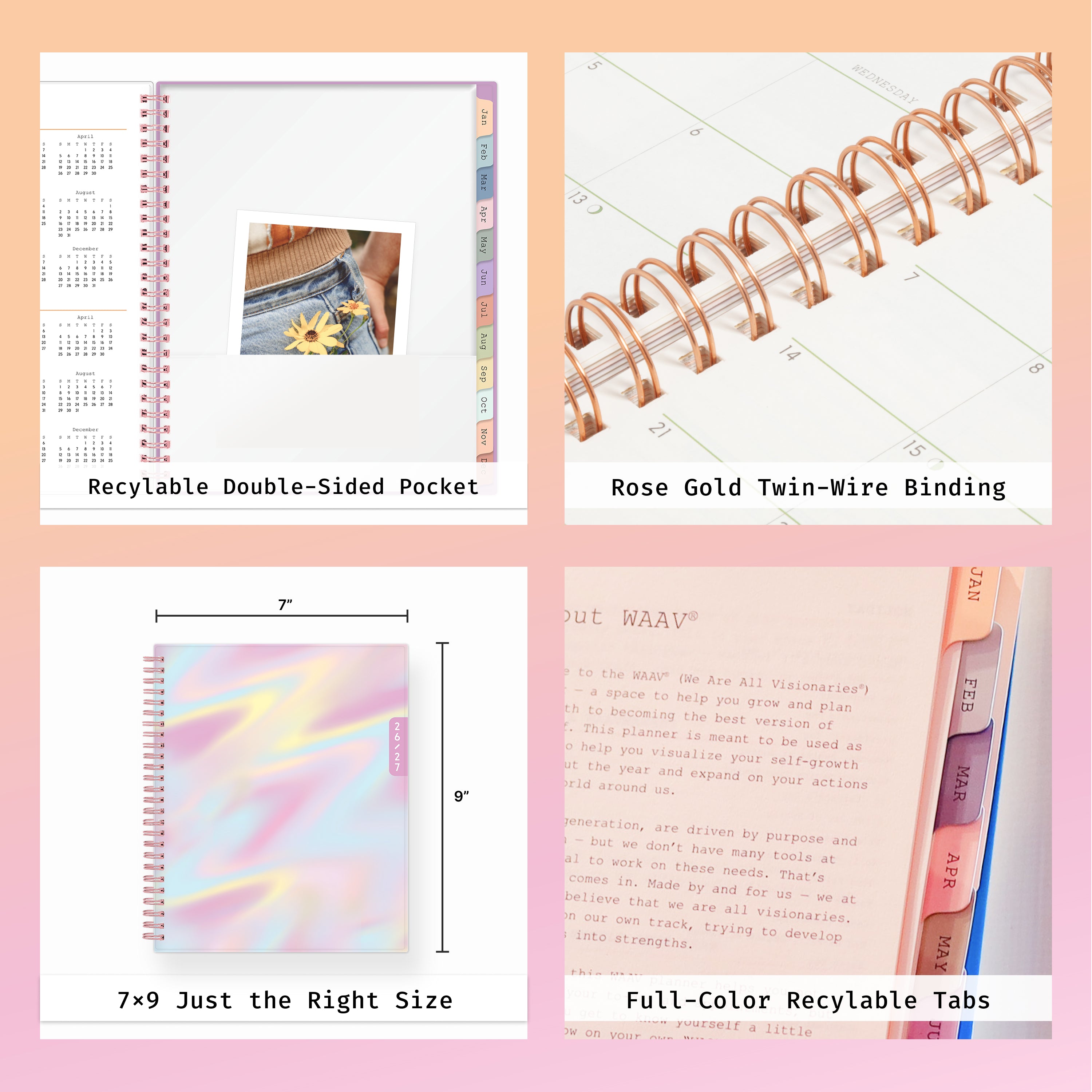 Collage of a planner with features highlighted, including durable twin-wire binding, special resources tab, and premium paper, laminated monthly tabs
