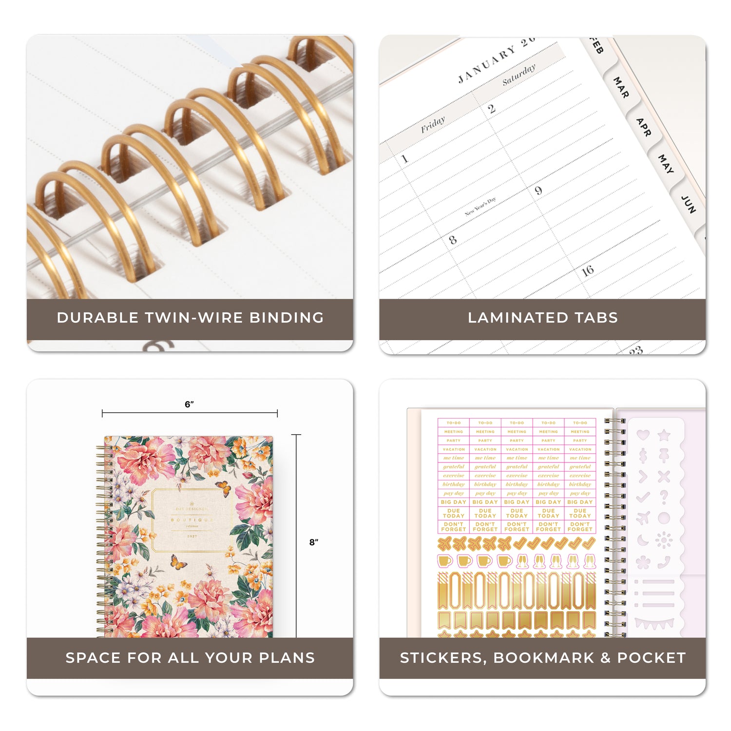 planner features twin wire o binding, monthly tabs, and optimizing planning size