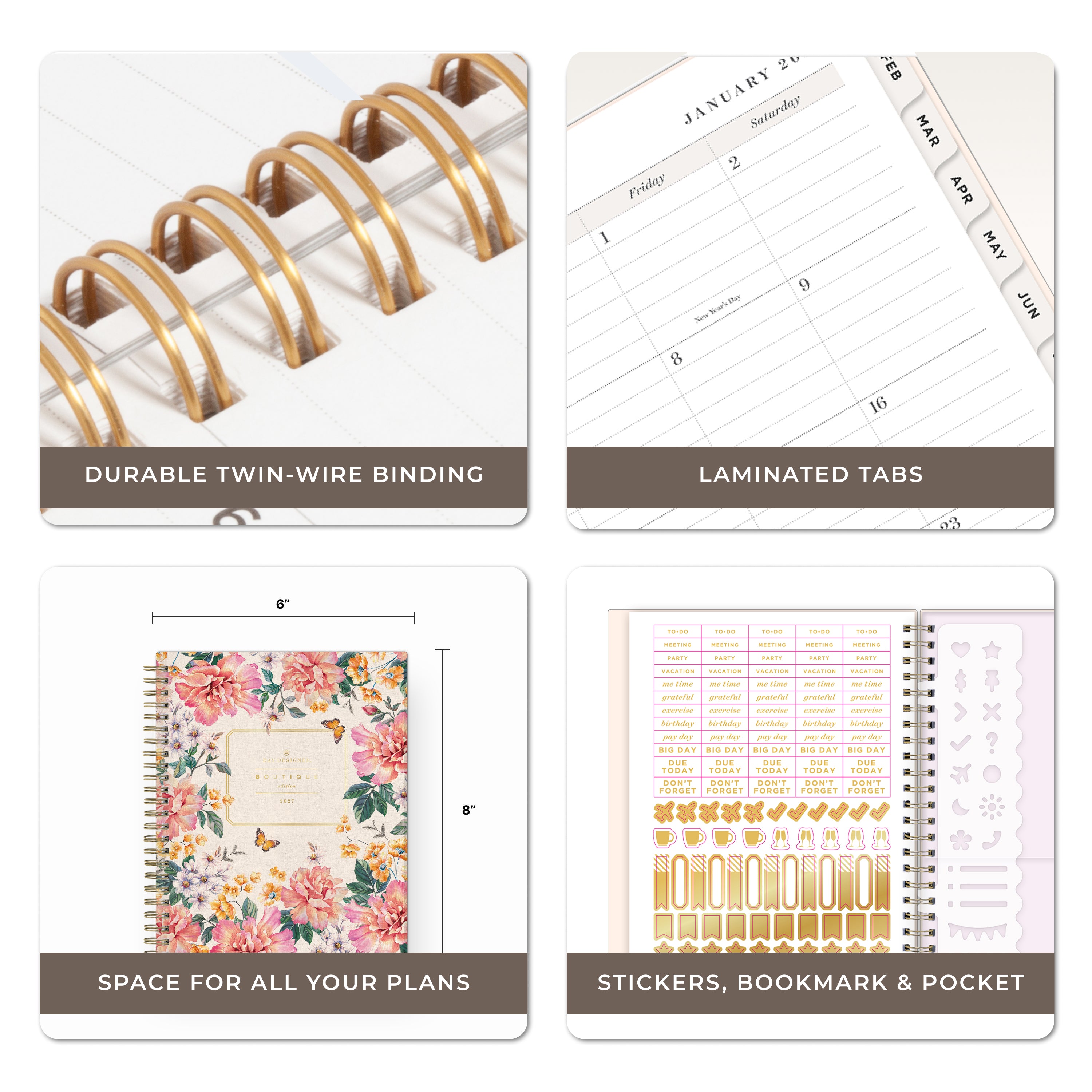 planner features twin wire o binding, monthly tabs, and optimizing planning size